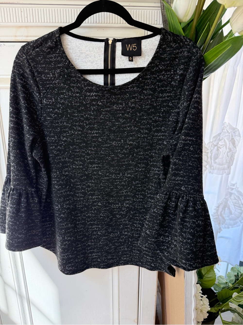 W5 Black Heather Bell Sleeve Long Sleeve Top